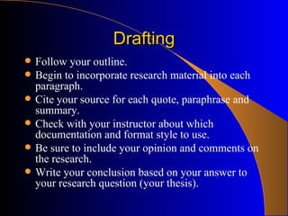 Drafting Follow your outline. Begin to incorporate research material into each paragraph. Cite your source for each quote, paraphrase and summary.  Check with your instructor about which documentation and format style to use. Be sure to include your opinion and comments on the research. Write your conclusion based on your answer to your research question (your thesis). 