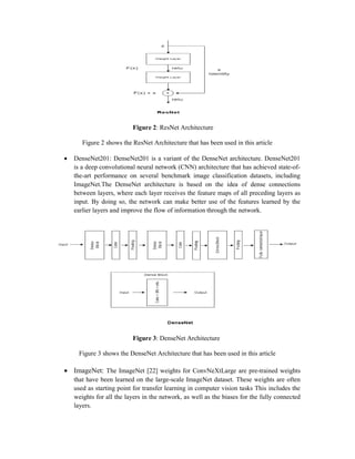 Figure 2: ResNet Architecture
Figure 2 shows the ResNet Architecture that has been used in this article
 DenseNet201: DenseNet201 is a variant of the DenseNet architecture. DenseNet201
is a deep convolutional neural network (CNN) architecture that has achieved state-of-
the-art performance on several benchmark image classification datasets, including
ImageNet.The DenseNet architecture is based on the idea of dense connections
between layers, where each layer receives the feature maps of all preceding layers as
input. By doing so, the network can make better use of the features learned by the
earlier layers and improve the flow of information through the network.
Figure 3: DenseNet Architecture
Figure 3 shows the DenseNet Architecture that has been used in this article
 ImageNet: The ImageNet [22] weights for ConvNeXtLarge are pre-trained weights
that have been learned on the large-scale ImageNet dataset. These weights are often
used as starting point for transfer learning in computer vision tasks This includes the
weights for all the layers in the network, as well as the biases for the fully connected
layers.
 