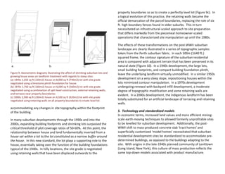 Figure 9. Axonometric diagrams illustrating the affect of shrinking suburban lots and
growing house areas on landform treatment with regards to steep sites:
(a) 1940s 1,250 sq ft (120m2) house on 8,000 sq ft (740m2) lot with site grade
negotiated using a limestone plinth foundation for house.
(b) 1970s 1,750 sq ft (160m2) house on 6,000 sq ft (560m2) lot with site grade
negotiated using a combination of split level construction, external retaining walls,
and terraces near property boundaries.
(c) 2000s 2,500 sq ft (230m2) house on 4,500 sq ft (420m2) lot with site grade
negotiated using retaining walls on all property boundaries to create level lot.
accommodating any changes in site topography within the footprint
of the building.
In many suburban developments through the 1990s and into the
2000s, expanding building footprints and shrinking lots surpassed the
critical threshold of plot coverage ratios of 50-60%. At this point, the
relationship between house and land fundamentally inverted from a
house set within a lot to the lot constituted as a narrow buffer around
the house. In this new standard, the lot plays a supporting role to the
house, essentially taking over the function of the building foundations
typical of the 1940s. In hilly locations, the site grade is negotiated
using retaining walls that have been displaced outwards to the
property boundaries so as to create a perfectly level lot (Figure 9c). In
a logical evolution of this practice, the retaining walls became the
official demarcation of the parcel boundaries, replacing the role of six
ft. high boundary fences found in older suburbs. This in turn
necessitated an infrastructural-scaled approach to site preparation
that differs markedly from the piecemeal homeowner-scaled
operations that characterized site manipulation up until the 1980s.
The effects of these transformations on the post-WWII suburban
landscape are clearly illustrated in a series of topographic samples
taken from the Perth suburban fabric. In each 500m (1640 ft.)
squared frame, the contour signature of the suburban residential
area is compared with adjacent terrain that has been preserved in its
natural state (Figure 10). In a 1940s development, the large lots,
small building footprints, and compact building foundation plinth,
leave the underlying landform virtually unmodified. In a similar 1950s
development on a very steep slope, repositioning houses within the
lots minimized contour manipulation. In a 1970s development
undergoing renewal with backyard infill development, a moderate
degree of topographic modification and some retaining walls are
evident. In a 2000s development, the indigenous landform has been
totally substituted for an artificial landscape of terracing and retaining
walls.
5. Technology and standardized models
In economic terms, increased land values and more efficient mining-
scale earth-moving techniques to allowed formerly unprofitable sites
to be levelled for suburban development. Additionally, the post-
WWII shift to mass-produced concrete slab ‘tract homes’ and
superficially customized ‘model homes’ necessitated that suburban
residential development sites be standardized to accommodate pre-
determined buildings, as opposed to the buildings adapting to the
site. With origins in the late-1940s planned community of Levittown
(Long Island, New York), this culture of mass production reflects the
same top-down models associated with product manufacture.
 