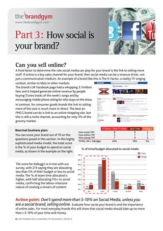 www.thebrandgym.com



Part 3: How social is
your brand?
Can you sell online?
A final factor to determine the role social media can play for your brand is the link to selling more
stuff. If online is a key sales channel for your brand, then social media can be a revenue driver, not
just a communication medium. An example of a brand like this is The X-Factor, a reality TV singing
contest, similar to Idols in other markets.
The brand’s UK Facebook page had a whopping 3.7million
fans and it helped generate online revenue by people
buying iTunes tracks of the week’s songs and by
encouraging mobile phone voting for who stays on the show.
In contrast, for consumer goods brands the link to selling
more of the core is much more in-direct. The best an
FMCG brand can do is link to an online shopping site, but
this is still a niche channel, accounting for only 3% of the
grocery market.

                                                                      X-Factor / Idols TV show   Lynx / Axe      Kellogg’s
Beermat business plan:
                                                  How social /10?                 8                  6               2
You can score your brand out of 10 on the         How online /10?                 5                   1              1
                                                  How young /10?                  7                  9               2
questions posed in this section. In this highly
                                                  TOTAL /30 = %Budget           20%                 16%            5%
sophisticated media model, the total score
is the % of your budget to spend on social              % of time/budget allocated to social media
media, as shown in the example on the right.                                                                  % Team
                                                  70%
                                                                                                              % Budget
                                                                           60%
                                                  60%

The score for Kellogg’s is in line with our       50%                47%
survey, with 2/3 saying they are allocating       40%
less than 5% of their budget or less to social                                   32%
media. The % of team time allocated is            30%


higher, with half allocating 5%+ to social        20%                                  17%
                                                                                                       13%
media, confirming the labour-intensive                          9%
                                                  10%
                                                                                             5% 7%             7%
nature of creating a stream of content.                    3%
                                                  0%
                                                            0%        1-5%        5-10%      10-15%      15%+




Action point: Don’t spend more than 5-10% on Social Media, unless you
are a social brand, selling online. Evaluate how social your brand is and the importance
of online sales. For most everyday brands this will show that social media should take up no more
than c.5-10% of your time and money.
6 | SEPTEMBER 2012 | BRANDGYM RESEARCH PAPER 6
 