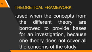 12
THEORETICAL FRAMEWORK
-used when the concepts from
the different theory are
borrowed to provide bases
for an investigation, because
one theory does not cover all
the concerns of the study
 