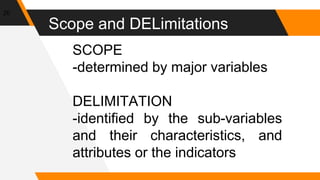 Scope and DELimitations
20
SCOPE
-determined by major variables
DELIMITATION
-identified by the sub-variables
and their characteristics, and
attributes or the indicators
 
