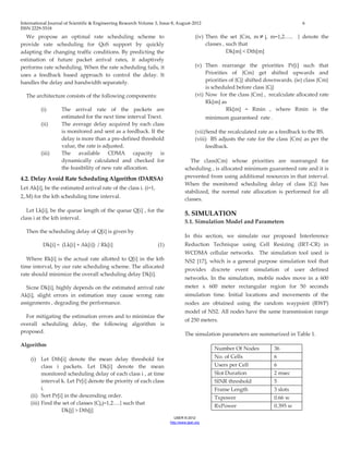 International Journal of Scientific & Engineering Research Volume 3, Issue 8, August-2012 6 
ISSN 2229-5518 
IJSER © 2012 
http ://www.ijser.org 
We propose an optimal rate scheduling scheme to 
provide rate scheduling for QoS support by quickly 
adapting the changing traffic conditions. By predicting the 
estimation of future packet arrival rates, it adaptively 
performs rate scheduling. When the rate scheduling fails, it 
uses a feedback based approach to control the delay. It 
handles the delay and bandwidth separately. 
The architecture consists of the following components: 
(i) The arrival rate of the packets are 
estimated for the next time interval Tnext. 
(ii) The average delay acquired by each class 
is monitored and sent as a feedback. If the 
delay is more than a pre-defined threshold 
value, the rate is adjusted. 
(iii) The available CDMA capacity is 
dynamically calculated and checked for 
the feasibility of new rate allocation. 
4.2. Delay Avoid Rate Scheduling Algorithm (DARSA) 
Let Ak[i], be the estimated arrival rate of the class i. (i=1, 
2,.M) for the kth scheduling time interval. 
Let Lk[i], be the queue length of the queue Q[i] , for the 
class i at the kth interval. 
Then the scheduling delay of Q[i] is given by 
Dk[i] = (Lk[i] + Ak[i]) / Rk[i] (1) 
Where Rk[i] is the actual rate allotted to Q[i] in the kth 
time interval, by our rate scheduling scheme. The allocated 
rate should minimize the overall scheduling delay Dk[i]. 
Sicne Dk[i], highly depends on the estimated arrival rate 
Ak[i], slight errors in estimation may cause wrong rate 
assignments , degrading the performance. 
For mitigating the estimation errors and to minimize the 
overall scheduling delay, the following algorithm is 
proposed. 
Algorithm 
(i) Let Dth[i] denote the mean delay threshold for 
class i packets. Let Dk[i] denote the mean 
monitored scheduling delay of each class i , at time 
interval k. Let Pr[i] denote the priority of each class 
i. 
(ii) Sort Pr[i] in the descending order. 
(iii) Find the set of classes ,Cj,j=1,2….} such that 
Dk[j] > Dth[j] 
(iv) Then the set {Cm, m j, m=1,2….. } denote the 
classes , such that 
Dk[m] < Dth[m] 
(v) Then rearrange the priorities Pr[i] such that 
Priorities of {Cm} get shifted upwards and 
priorities of {Cj} shifted downwards. (ie) class {Cm} 
is scheduled before class {Cj} 
(vi) Now for the class {Cm} , recalculate allocated rate 
Rk[m] as 
Rk[m] = Rmin , where Rmin is the 
minimum guaranteed rate . 
(vii) Send the recalculated rate as a feedback to the BS. 
(viii) BS adjusts the rate for the class {Cm} as per the 
feedback. 
The class{Cm} whose priorities are rearranged for 
scheduling , is allocated minimum guaranteed rate and it is 
prevented from using additional resources in that interval. 
When the monitored scheduling delay of class {Cj} has 
stabilized, the normal rate allocation is performed for all 
classes. 
5. SIMULATION 
5.1. Simulation Model and Parameters 
In this section, we simulate our proposed Interference 
Reduction Technique using Cell Resizing (IRT-CR) in 
WCDMA cellular networks. The simulation tool used is 
NS2 [17], which is a general purpose simulation tool that 
provides discrete event simulation of user defined 
networks. In the simulation, mobile nodes move in a 600 
meter x 600 meter rectangular region for 50 seconds 
simulation time. Initial locations and movements of the 
nodes are obtained using the random waypoint (RWP) 
model of NS2. All nodes have the same transmission range 
of 250 meters. 
The simulation parameters are summarized in Table 1. 
Number Of Nodes 36 
No. of Cells 6 
Users per Cell 6 
Slot Duration 2 msec 
SINR threshold 5 
Frame Length 3 slots 
Txpower 0.66 w 
RxPower 0.395 w 
 