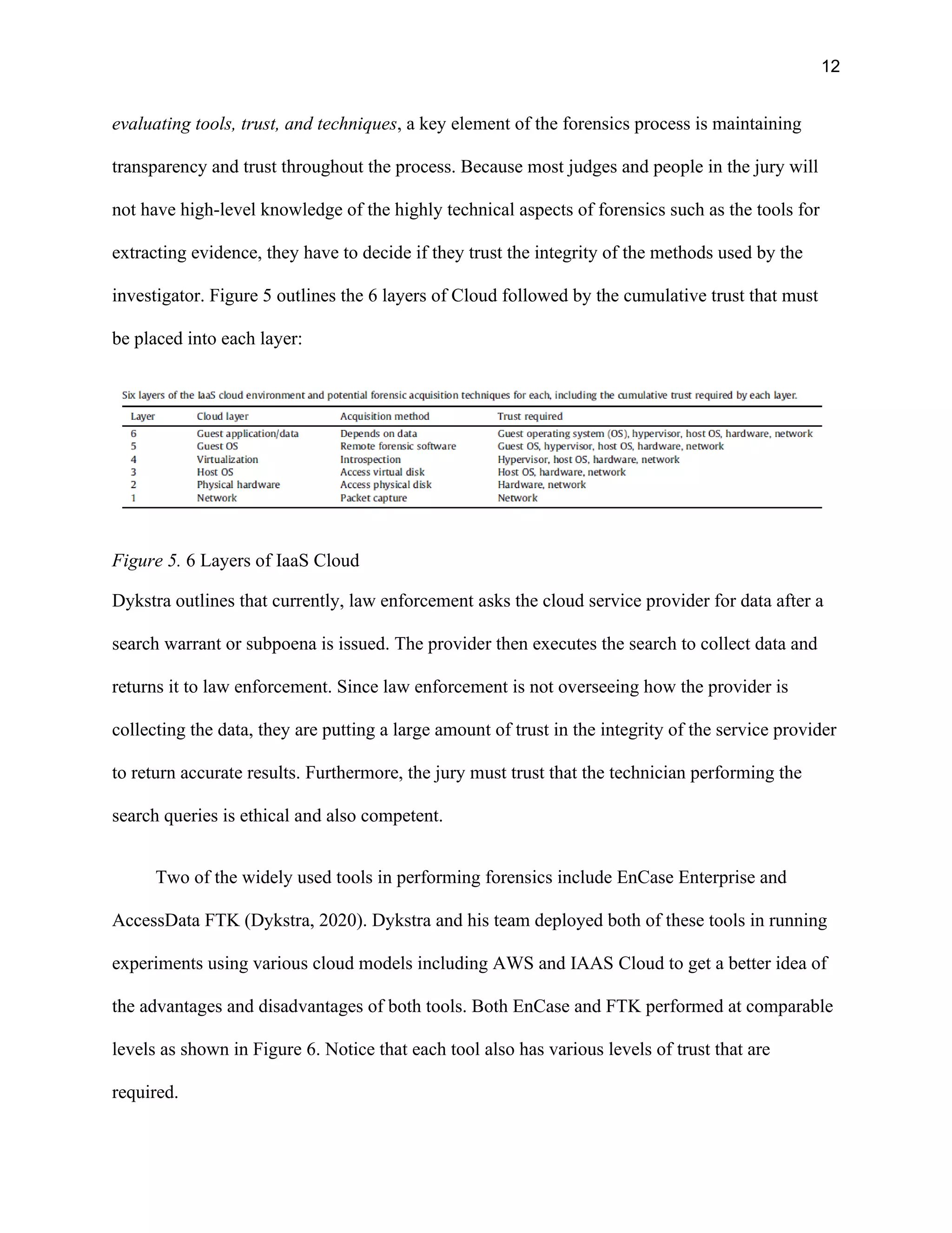 12
evaluating tools, trust, and techniques, a key element of the forensics process is maintaining
transparency and trust throughout the process. Because most judges and people in the jury will
not have high-level knowledge of the highly technical aspects of forensics such as the tools for
extracting evidence, they have to decide if they trust the integrity of the methods used by the
investigator. Figure 5 outlines the 6 layers of Cloud followed by the cumulative trust that must
be placed into each layer:
Figure 5. 6 Layers of IaaS Cloud
Dykstra outlines that currently, law enforcement asks the cloud service provider for data after a
search warrant or subpoena is issued. The provider then executes the search to collect data and
returns it to law enforcement. Since law enforcement is not overseeing how the provider is
collecting the data, they are putting a large amount of trust in the integrity of the service provider
to return accurate results. Furthermore, the jury must trust that the technician performing the
search queries is ethical and also competent.
Two of the widely used tools in performing forensics include EnCase Enterprise and
AccessData FTK (Dykstra, 2020). Dykstra and his team deployed both of these tools in running
experiments using various cloud models including AWS and IAAS Cloud to get a better idea of
the advantages and disadvantages of both tools. Both EnCase and FTK performed at comparable
levels as shown in Figure 6. Notice that each tool also has various levels of trust that are
required.
 