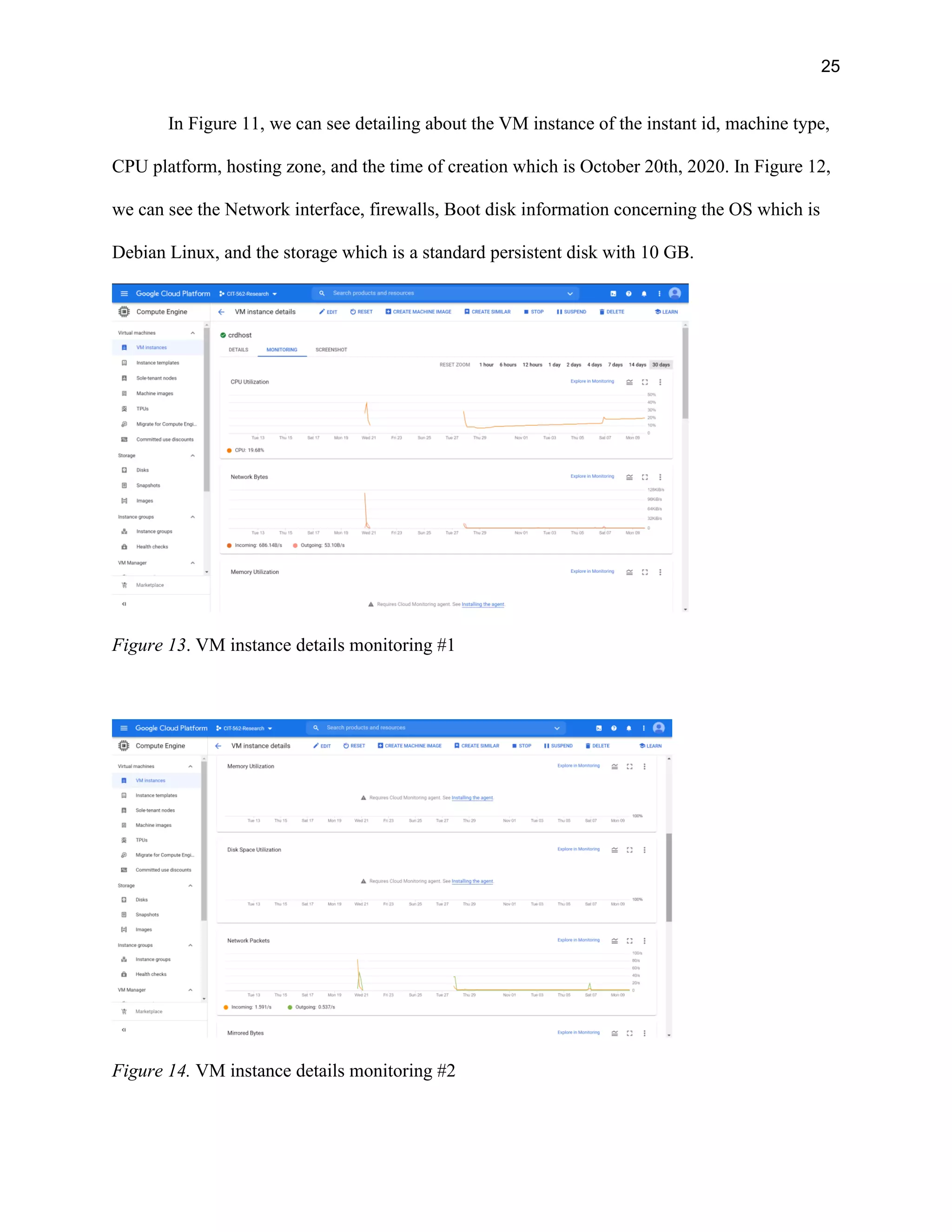 25
In Figure 11, we can see detailing about the VM instance of the instant id, machine type,
CPU platform, hosting zone, and the time of creation which is October 20th, 2020. In Figure 12,
we can see the Network interface, firewalls, Boot disk information concerning the OS which is
Debian Linux, and the storage which is a standard persistent disk with 10 GB.
Figure 13. VM instance details monitoring #1
Figure 14. VM instance details monitoring #2
 