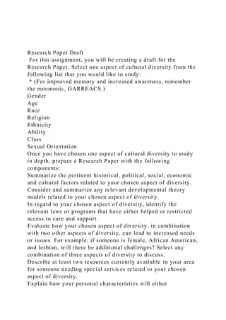 Research Paper Draft
For this assignment, you will be creating a draft for the
Research Paper. Select one aspect of cultural diversity from the
following list that you would like to study:
* (For improved memory and increased awareness, remember
the mnemonic, GARREACS.)
Gender
Age
Race
Religion
Ethnicity
Ability
Class
Sexual Orientation
Once you have chosen one aspect of cultural diversity to study
in depth, prepare a Research Paper with the following
components:
Summarize the pertinent historical, political, social, economic
and cultural factors related to your chosen aspect of diversity.
Consider and summarize any relevant developmental theory
models related to your chosen aspect of diversity.
In regard to your chosen aspect of diversity, identify the
relevant laws or programs that have either helped or restricted
access to care and support.
Evaluate how your chosen aspect of diversity, in combination
with two other aspects of diversity, can lead to increased needs
or issues. For example, if someone is female, African American,
and lesbian, will there be additional challenges? Select any
combination of three aspects of diversity to discuss.
Describe at least two resources currently available in your area
for someone needing special services related to your chosen
aspect of diversity.
Explain how your personal characteristics will either
 