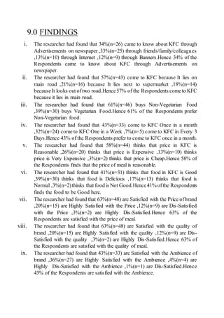 9.0 FINDINGS
i. The researcher had found that 34%(n=26) came to know about KFC through
Advertisements on newspaper ,33%(n=25) through friends/family/colleagues
,13%(n=10) through Internet ,12%(n=9) through Banners.Hence 34% of the
Respondents came to know about KFC through Advertisements on
newspaper.
ii. The researcher had found that 57%(n=43) come to KFC because It lies on
main road ,21%(n=16) because It lies next to supermarket ,18%(n=14)
becauseIt looks out oftwo road.Hence57% of the Respondents cometo KFC
because it lies in main road.
iii. The researcher had found that 61%(n=46) buys Non-Vegetarian Food
,39%(n=30) buys Vegetarian Food.Hence 61% of the Respondents prefer
Non-Vegetarian food.
iv. The researcher had found that 43%(n=33) come to KFC Once in a month
,32%(n=24) come to KFC One in a Week ,7%(n=5) come to KFC in Every 3
Days.Hence 43% of the Respondents prefer to come to KFC once in a month.
v. The researcher had found that 58%(n=44) thinks that price in KFC is
Reasonable ,26%(n=20) thinks that price is Expensive ,13%(n=10) thinks
price is Very Expensive ,3%(n=2) thinks that price is Cheap.Hence 58% of
the Respondents finds that the price of meal is reasonable.
vi. The researcher had found that 41%(n=31) thinks that food in KFC is Good
,39%(n=30) thinks that food is Delicious ,17%(n=13) thinks that food is
Normal ,3%(n=2)thinks that food is Not Good.Hence41% ofthe Respondents
finds the food to be Good here.
vii. The researcher had found that 63%(n=48) are Satisfied with the Price ofbrand
,20%(n=15) are Highly Satisfied with the Price ,12%(n=9) are Dis-Satisfied
with the Price ,3%(n=2) are Highly Dis-Satisfied.Hence 63% of the
Respondents are satisfied with the price of meal.
viii. The researcher had found that 63%(n=48) are Satisfied with the quality of
brand ,20%(n=15) are Highly Satisfied with the quality ,12%(n=9) are Dis-
Satisfied with the quality ,3%(n=2) are Highly Dis-Satisfied.Hence 63% of
the Respondents are satisfied with the quality of meal.
ix. The researcher had found that 43%(n=33) are Satisfied with the Ambience of
brand ,36%(n=27) are Highly Satisfied with the Ambience ,4%(n=4) are
Highly Dis-Satisfied with the Ambience ,1%(n=1) are Dis-Satisfied.Hence
43% of the Respondents are satisfied with the Ambience.
 