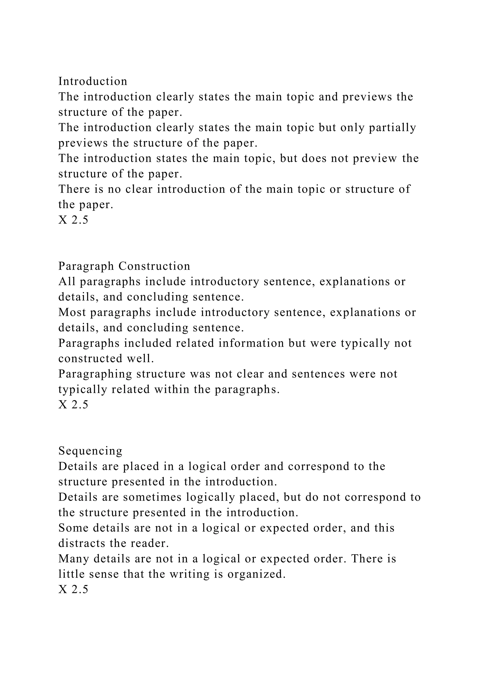 Introduction
The introduction clearly states the main topic and previews the
structure of the paper.
The introduction clearly states the main topic but only partially
previews the structure of the paper.
The introduction states the main topic, but does not preview the
structure of the paper.
There is no clear introduction of the main topic or structure of
the paper.
X 2.5
Paragraph Construction
All paragraphs include introductory sentence, explanations or
details, and concluding sentence.
Most paragraphs include introductory sentence, explanations or
details, and concluding sentence.
Paragraphs included related information but were typically not
constructed well.
Paragraphing structure was not clear and sentences were not
typically related within the paragraphs.
X 2.5
Sequencing
Details are placed in a logical order and correspond to the
structure presented in the introduction.
Details are sometimes logically placed, but do not correspond to
the structure presented in the introduction.
Some details are not in a logical or expected order, and this
distracts the reader.
Many details are not in a logical or expected order. There is
little sense that the writing is organized.
X 2.5
 