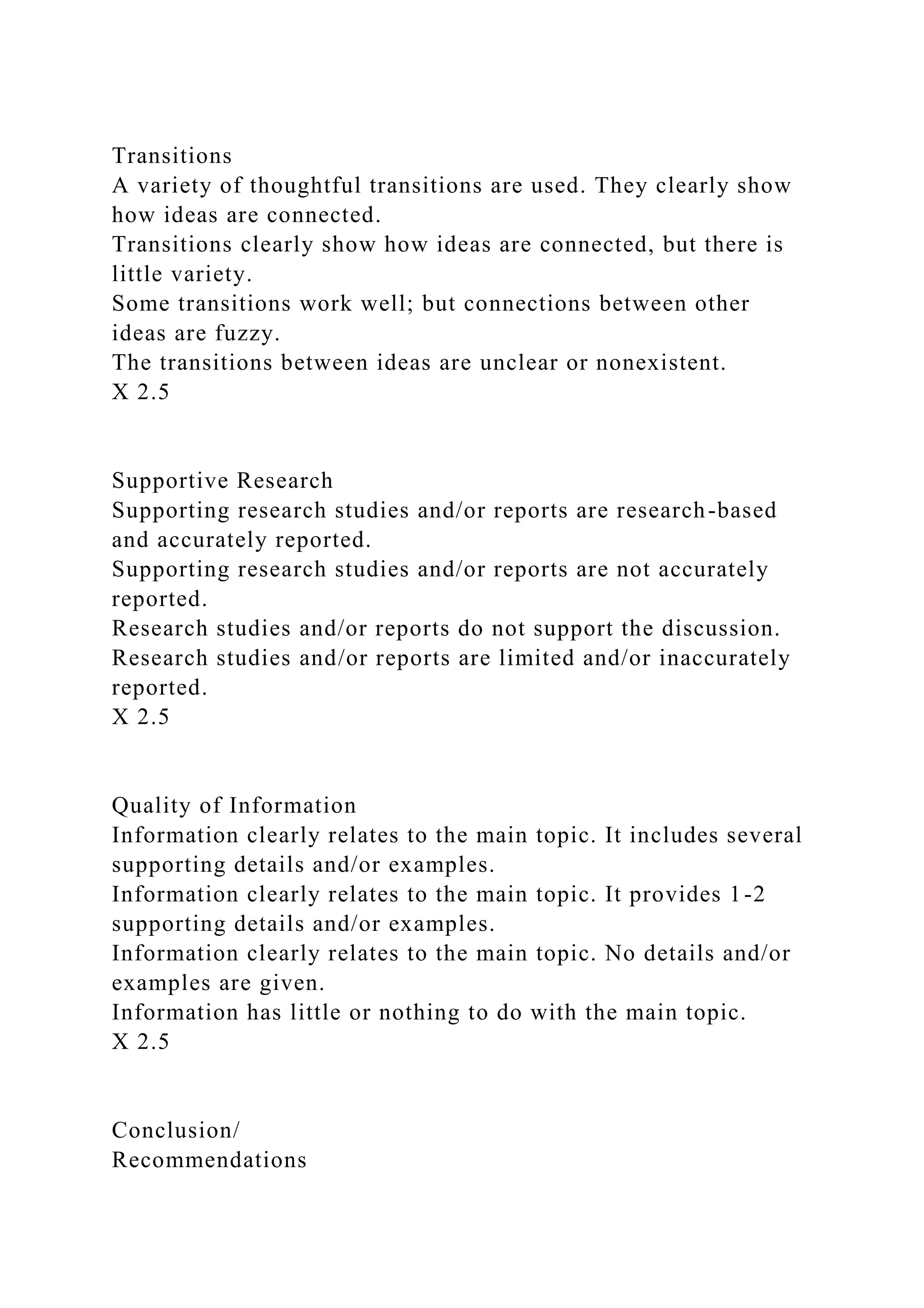 Transitions
A variety of thoughtful transitions are used. They clearly show
how ideas are connected.
Transitions clearly show how ideas are connected, but there is
little variety.
Some transitions work well; but connections between other
ideas are fuzzy.
The transitions between ideas are unclear or nonexistent.
X 2.5
Supportive Research
Supporting research studies and/or reports are research-based
and accurately reported.
Supporting research studies and/or reports are not accurately
reported.
Research studies and/or reports do not support the discussion.
Research studies and/or reports are limited and/or inaccurately
reported.
X 2.5
Quality of Information
Information clearly relates to the main topic. It includes several
supporting details and/or examples.
Information clearly relates to the main topic. It provides 1-2
supporting details and/or examples.
Information clearly relates to the main topic. No details and/or
examples are given.
Information has little or nothing to do with the main topic.
X 2.5
Conclusion/
Recommendations
 