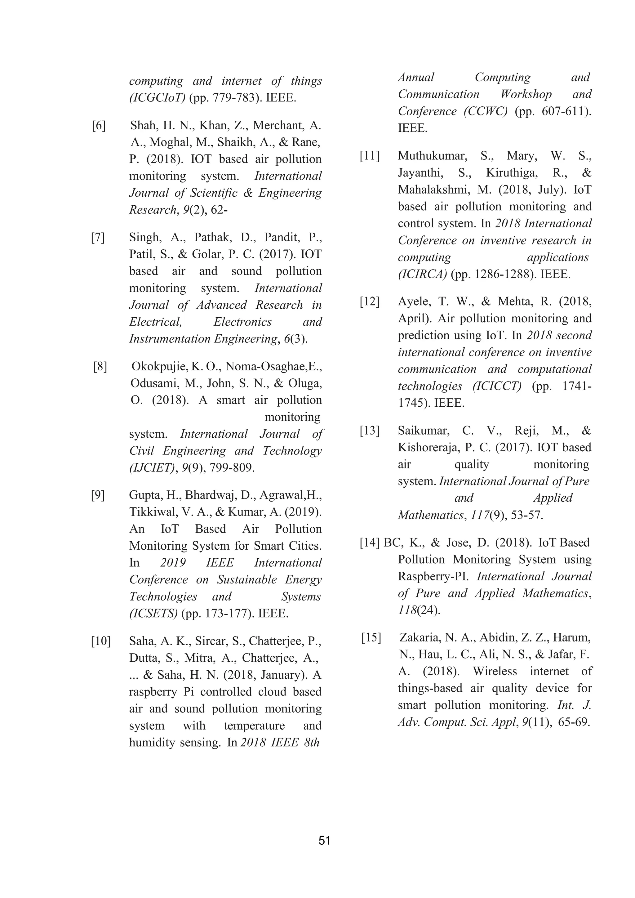 51
computing and internet of things
(ICGCIoT) (pp. 779-783). IEEE.
[6] Shah, H. N., Khan, Z., Merchant, A.
A., Moghal, M., Shaikh, A., & Rane,
P. (2018). IOT based air pollution
monitoring system. International
Journal of Scientific & Engineering
Research, 9(2), 62-
[7] Singh, A., Pathak, D., Pandit, P.,
Patil, S., & Golar, P. C. (2017). IOT
based air and sound pollution
monitoring system. International
Journal of Advanced Research in
Electrical, Electronics and
Instrumentation Engineering, 6(3).
[8] Okokpujie, K. O., Noma-Osaghae,E.,
Odusami, M., John, S. N., & Oluga,
O. (2018). A smart air pollution
monitoring
system. International Journal of
Civil Engineering and Technology
(IJCIET), 9(9), 799-809.
[9] Gupta, H., Bhardwaj, D., Agrawal,H.,
Tikkiwal, V. A., & Kumar, A. (2019).
An IoT Based Air Pollution
Monitoring System for Smart Cities.
In 2019 IEEE International
Conference on Sustainable Energy
Technologies and Systems
(ICSETS) (pp. 173-177). IEEE.
[10] Saha, A. K., Sircar, S., Chatterjee, P.,
Dutta, S., Mitra, A., Chatterjee, A.,
... & Saha, H. N. (2018, January). A
raspberry Pi controlled cloud based
air and sound pollution monitoring
system with temperature and
humidity sensing. In 2018 IEEE 8th
Annual Computing and
Communication Workshop and
Conference (CCWC) (pp. 607-611).
IEEE.
[11] Muthukumar, S., Mary, W. S.,
Jayanthi, S., Kiruthiga, R., &
Mahalakshmi, M. (2018, July). IoT
based air pollution monitoring and
control system. In 2018 International
Conference on inventive research in
computing applications
(ICIRCA) (pp. 1286-1288). IEEE.
[12] Ayele, T. W., & Mehta, R. (2018,
April). Air pollution monitoring and
prediction using IoT. In 2018 second
international conference on inventive
communication and computational
technologies (ICICCT) (pp. 1741-
1745). IEEE.
[13] Saikumar, C. V., Reji, M., &
Kishoreraja, P. C. (2017). IOT based
air quality monitoring
system. International Journal of Pure
and Applied
Mathematics, 117(9), 53-57.
[14] BC, K., & Jose, D. (2018). IoT Based
Pollution Monitoring System using
Raspberry-PI. International Journal
of Pure and Applied Mathematics,
118(24).
[15] Zakaria, N. A., Abidin, Z. Z., Harum,
N., Hau, L. C., Ali, N. S., & Jafar, F.
A. (2018). Wireless internet of
things-based air quality device for
smart pollution monitoring. Int. J.
Adv. Comput. Sci. Appl, 9(11), 65-69.
 
