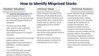 7
• The price-to-earnings ratio (P/E
ratio) measures the price of a
stock relative to annual earnings
per share (EPS) generated by a
company.
• The price-to-book (P/B)
ratio: and it is also useful for
identifying the level of
speculation present in a stock’s
valuation.
• Enterprise value (EV) to earnings
before interest, taxes,
depreciation and amortization
(EBITDA) is another popular
valuation.
• The EV/EBITDA ratio can help
when evaluating firms that
operate in different industries.
Relative Valuation
How to Identify Mispriced Stocks
Intrinsic Value Technical Analysis
• Some investors ascribe to the
theories of Columbia Business
School’s Benjamin Graham and
David Dodd, who contend that
stocks have an intrinsic value
independent of the market
price.
• Discounted cash flow (DCF) is
one of the most popular intrinsic
valuation methods.
• Residual income valuation is
another popular method for
calculating intrinsic value.
• Some investors forgo analyzing
the specifics of a stock’s
underlying business, opting
instead to determine value by
analyzing the behaviors of
market participants. This
method is called technical
analysis, and many technical
investors assume market pricing
already reflects all available
information regarding a stock’s
fundamentals. Technical analysts
forecast future stock price
movements by forecasting
future decisions of buyers and
sellers.
 