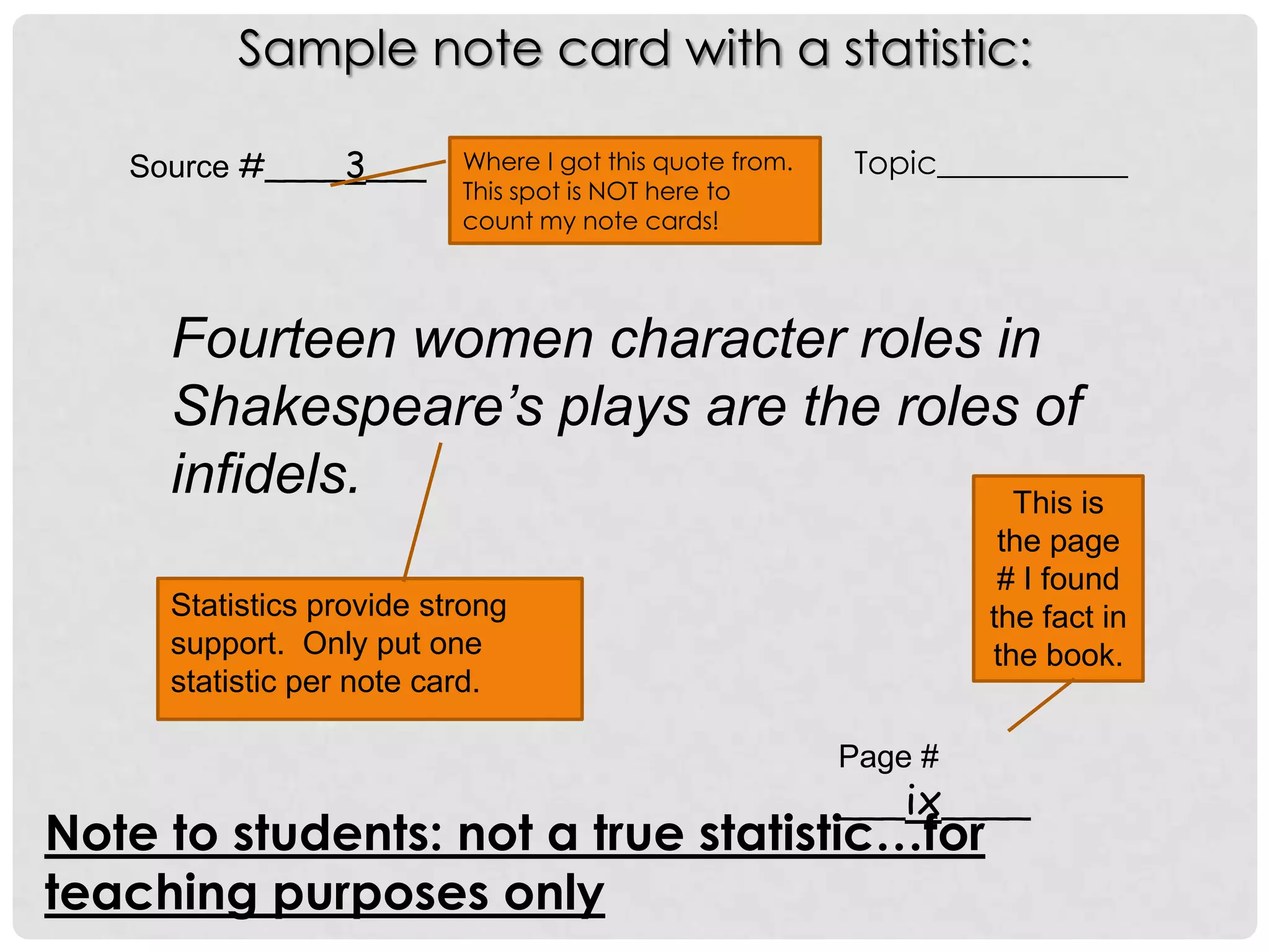 Sample note card with a statistic:

   Source #____3___       Where I got this quote from.   Topic____________
                          This spot is NOT here to
                          count my note cards!




     Fourteen women character roles in
     Shakespeare’s plays are the roles of
     infidels.                        This is
                                                                   the page
                                                                   # I found
     Statistics provide strong                                    the fact in
     support. Only put one                                        the book.
     statistic per note card.

                                                         Page #
                                                         ___ix____
Note to students: not a true statistic…for
teaching purposes only
 