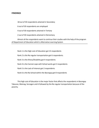 FINDINGS


       18 out of 30 respondents attained in Secondary

       6 out of 30 respondents are employed

       4 out of 30 respondents attained in Tertiary

       2 out of 30 respondents attained in Elementary

       Almost all the respondents want to continue their studies with the help of the program
of Department of Education which is Alternative Learning System



       Rank 1 is the High cost of Education got 15 respondents

       Rank 2 is the No regular transportation got 6 respondents

       Rank 3 is the Illness/Disability got 4 respondents

       Rank 4 is the Cannot cope with School works got 3 respondents

       Rank 5 is the Lack of Interest got 2 respondents

       Rank 6 is the No School within the Barangay got 0 respondents



       This high cost of Education is the major factor that affects the respondents in Barangay
Tabunan, Matnog, Sorsogon and it followed by the No regular transportation because of the
poverty.
 