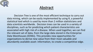 Abstract
Decision Tree is one of the most efficient technique to carry out
data mining, which can be easily implemented by using R, a powerful
statistical tool which is used by more than 2 million statisticians and
data scientists worldwide. Decision trees can be used in a variety of
disciplines, such as for predicting which patient characteristics are
associated with high risk of a disease. When used together, we can find
the relevant set of data, from the large data stored in the Enterprise
Data Warehouses (EDWs). This provides new opportunities for
organizations to derive new value from their most valuable and
abundantly available asset: information, to create a competitive edge.
4
 