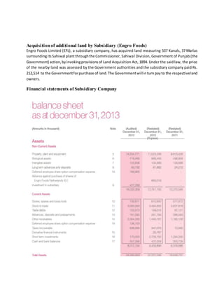 Acquisitionof additional land by Subsidiary (Engro Foods)
Engro Foods Limited (EFL), a subsidiary company, has acquired land measuring 537 Kanals, 37 Marlas
surroundingitsSahiwal plantthroughthe Commissioner, Sahiwal Division, Government of Punjab (the
Government) action,byinvokingprovisionsof Land Acquisition Act, 1894. Under the said law, the price
of the nearby land was assessed by the Government authorities and the subsidiary company paid Rs.
212,514 to the Governmentforpurchase of land.The Governmentwillinturnpayto the respectiveland
owners.
Financial statements of Subsidiary Company
 