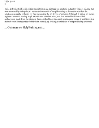 Light green
E
Table 2: Consists of color extract taken from a red cabbage for a natural indicator. The pH reading that
was measured by using the pH meter and the result of the pH reading to determine whether the
solution was acidic or basic. By first measuring the pH levels of solution A through E with a pH meter,
it gives a numeric reading to ph balance to a solution. Next, add in a natural indicator called
anthocyanin made from the pigment from a red cabbage into each solution and mixed it until there is a
distinct color and recorded on the chart. Finally, by looking at the result of the pH reading level that
... Get more on HelpWriting.net ...
 