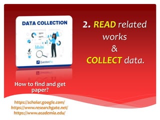 2. READ related
works
&
COLLECT data.
How to find and get
paper?
https://scholar.google.com/
https://www.researchgate.net/
https://www.academia.edu/
 