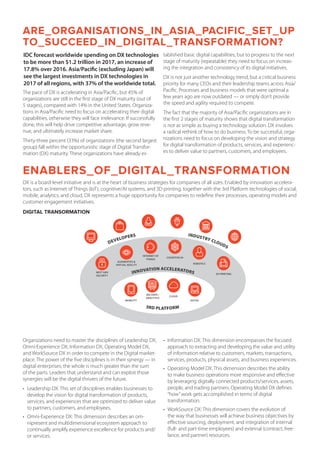 ARE_ORGANISATIONS_IN_ASIA_PACIFIC_SET_UP
TO_SUCCEED_IN_DIGITAL_TRANSFORMATION?
ENABLERS_OF_DIGITAL_TRANSFORMATION
IDC forecast worldwide spending on DX technologies
to be more than $1.2 trillion in 2017, an increase of
17.8% over 2016. Asia/Pacific (excluding Japan) will
see the largest investments in DX technologies in
2017 of all regions, with 37% of the worldwide total.
The pace of DX is accelerating in Asia/Pacific, but 45% of
organizations are still in the first stage of DX maturity (out of
5 stages), compared with 14% in the United States. Organiza-
tions in Asia/Pacific need to focus on accelerating their digital
capabilities, otherwise they will face irrelevance. If successfully
done, this will help drive competitive advantage, grow reve-
nue, and ultimately increase market share.
Thirty-three percent (33%) of organizations (the second largest
group) fall within the opportunistic stage of Digital Transfor-
mation (DX) maturity. These organizations have already es-
DX is a board-level initiative and is at the heart of business strategies for companies of all sizes. Enabled by innovation accelera-
tors, such as Internet of Things (IoT), cognitive/AI systems, and 3D printing, together with the 3rd Platform technologies of social,
mobile, analytics, and cloud, DX represents a huge opportunity for companies to redefine their processes, operating models and
customer engagement initiatives.
Organizations need to master the disciplines of Leadership DX,
Omni-Experience DX, Information DX, Operating Model DX,
and WorkSource DX in order to compete in the Digital market-
place. The power of the five disciplines is in their synergy — in
digital enterprises, the whole is much greater than the sum
of the parts. Leaders that understand and can exploit those
synergies will be the digital thrivers of the future.
•	 Leadership DX: This set of disciplines enables businesses to
develop the vision for digital transformation of products,
services, and experiences that are optimized to deliver value
to partners, customers, and employees.
•	 Omni-Experience DX: This dimension describes an om-
nipresent and multidimensional ecosystem approach to
continually amplify experience excellence for products and/
or services.
•	 Information DX: This dimension encompasses the focused
approach to extracting and developing the value and utility
of information relative to customers, markets, transactions,
services, products, physical assets, and business experiences.
•	 Operating Model DX: This dimension describes the ability
to make business operations more responsive and effective
by leveraging digitally connected products/services, assets,
people, and trading partners. Operating Model DX defines
“how”work gets accomplished in terms of digital
transformation.
•	 WorkSource DX: This dimension covers the evolution of
the way that businesses will achieve business objectives by
effective sourcing, deployment, and integration of internal
(full- and part-time employees) and external (contract, free-
lance, and partner) resources.
DIGITAL TRANSORMATION
tablished basic digital capabilities, but to progress to the next
stage of maturity (repeatable) they need to focus on increas-
ing the integration and consistency of its digital initiatives.
DX is not just another technology trend, but a critical business
priority for many CEOs and their leadership teams across Asia/
Pacific. Processes and business models that were optimal a
few years ago are now outdated — or simply don’t provide
the speed and agility required to compete.
The fact that the majority of Asia/Pacific organizations are in
the first 2 stages of maturity shows that digital transformation
is not as simple as buying a technology solution. DX involves
a radical rethink of how to do business. To be successful, orga-
nizations need to focus on developing the vision and strategy
for digital transformation of products, services, and experienc-
es to deliver value to partners, customers, and employees.
MOBILITY
BIG DATA /
ANALYTICS
CLOUD
SOCIAL
3D PRINTING
ROBOTICS
COGNITIVE/AI
INTERNET OF
THINGS
AUGMENTED &
VIRTUAL REALITY
NEXT GEN
SECURITY
3RD PLATFORM
INNOVATION ACCELERATORS
DEVELOPERS INDUSTRY CLOUDS
 