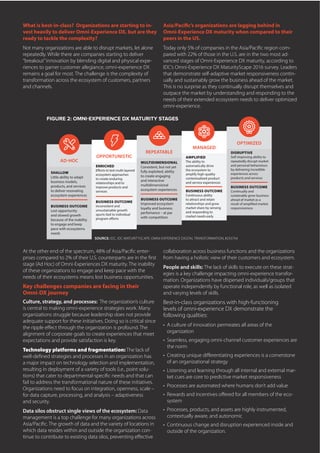 What is best-in-class? Organizations are starting to in-
vest heavily to deliver Omni-Experience DX, but are they
ready to tackle the complexity?
Not many organizations are able to disrupt markets, let alone
repeatedly. While there are companies starting to deliver
“breakout”innovation by blending digital and physical expe-
riences to garner customer allegiance, omni-experience DX
remains a goal for most. The challenge is the complexity of
transformation across the ecosystem of customers, partners
and channels.
SOURCE: IDC, IDC MATURITYSCAPE: OMNI-EXPERIENCE DIGITAL TRANSFORMATION, #255754
FIGURE 2: OMNI-EXPERIENCE DX MATURITY STAGES
Asia/Pacific’s organizations are lagging behind in
Omni-Experience DX maturity when compared to their
peers in the US.
Today only 5% of companies in the Asia/Pacific region com-
pared with 22% of those in the U.S. are in the two most ad-
vanced stages of Omni-Experience DX maturity, according to
IDC’s Omni-Experience DX MaturityScape 2016 survey. Leaders
that demonstrate self-adaptive market responsiveness contin-
ually and sustainably grow the business ahead of the market.
This is no surprise as they continually disrupt themselves and
outpace the market by understanding and responding to the
needs of their extended ecosystem needs to deliver optimized
omni-experience.
At the other end of the spectrum, 48% of Asia/Pacific enter-
prises compared to 2% of their U.S. counterparts are in the first
stage (Ad Hoc) of Omni-Experiences DX maturity. The inability
of these organizations to engage and keep pace with the
needs of their ecosystems means lost business opportunities.
Key challenges companies are facing in their
Omni-DX journey
Culture, strategy, and processes: The organization’s culture
is central to making omni-experience strategies work. Many
organizations struggle because leadership does not provide
adequate support for these initiatives. Doing so is critical since
the ripple effect through the organization is profound. The
alignment of corporate goals to create experiences that meet
expectations and provide satisfaction is key.
Technology platforms and fragmentation: The lack of
well-defined strategies and processes in an organization has
a major impact on technology selection and implementation,
resulting in deployment of a variety of tools (i.e., point solu-
tions) that cater to departmental-specific needs and that can
fail to address the transformational nature of these initiatives.
Organizations need to focus on integration, openness, scale –
for data capture, processing, and analysis – adaptiveness
and security.
Data silos obstruct single views of the ecosystem: Data
management is a top challenge for many organizations across
Asia/Pacific. The growth of data and the variety of locations in
which data resides within and outside the organization con-
tinue to contribute to existing data silos, preventing effective
collaboration across business functions and the organizations
from having a holistic view of their customers and ecosystem.
People and skills: The lack of skills to execute on these strat-
egies is a key challenge impacting omni-experience transfor-
mation. Organizations have dispersed individuals/groups that
operate independently by functional role, as well as isolated
and varying levels of skills.
Best-in-class organizations with high-functioning
levels of omni-experience DX demonstrate the
following qualities:
•	 A culture of innovation permeates all areas of the
organization
•	 Seamless, engaging omni-channel customer experiences are
the norm
•	 Creating unique differentiating experiences is a cornerstone
of an organizational strategy
•	 Listening and learning through all internal and external mar-
ket cues are core to predictive market responsiveness
•	 Processes are automated where humans don’t add value
•	 Rewards and incentives offered for all members of the eco-
system
•	 Processes, products, and assets are highly instrumented,
contextually aware, and autonomic
•	 Continuous change and disruption experienced inside and
outside of the organization.
AD-HOC
OPPORTUNISTIC
REPEATABLE
MANAGED
OPTIMIZED
SHALLOW
Little ability to adapt
business models,
products, and services
to deliver resonating
ecosystem experiences
BUSINESS OUTCOME
Lost opportunity
and slowed growth
because of the inability
to engage and keep
pace with ecosystems
needs
ENRICHED
Efforts to test multi-layered
ecosystem approaches
to create enduring
relationships and to
improve products and
services
BUSINESS OUTCOME
inconsistent and
unsustainable growth
spurts tied to individual
program efforts
MULTIDIMENSIONAL
Consistent, but not yet
fully exploited, ability
to create engaging
and interactive
multidimensional
ecosystem experiences
BUSINESS OUTCOME
Improved ecosystem
loyalty and buisness
perfomance – at par
with competition
AMPLIFIED
The ability to
automatically drive
the ecosystem to
amplify high-quality
contextualized product
and service experiences
BUSINESS OUTCOME
Continuous ability
to attract and retain
relationships and grow
market share by sensing
and responding to
market needs early
DISRUPTIVE
Self-improving ability to
repeatedly disrupt market
and personal behavioiurs
by delivering incredible
experiences across
products and services
BUSINESS OUTCOME
Continually and
sustainably grow business
ahead of market as a
result of amplified market
responsiveness
 