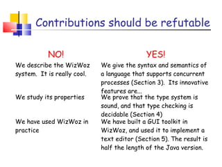 Contributions should be refutable
NO! YES!
We describe the WizWoz
system. It is really cool.
We give the syntax and semantics of
a language that supports concurrent
processes (Section 3). Its innovative
features are...
We study its properties We prove that the type system is
sound, and that type checking is
decidable (Section 4)
We have used WizWoz in
practice
We have built a GUI toolkit in
WizWoz, and used it to implement a
text editor (Section 5). The result is
half the length of the Java version.
 