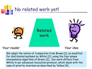 No related work yet!
Related
work
Your reader Your idea
We adopt the notion of transaction from Brown [1], as modified
for distributed systems by White [2], using the four-phase
interpolation algorithm of Green [3]. Our work differs from
White in our advanced revocation protocol, which deals with the
case of priority inversion as described by Yellow [4].
 