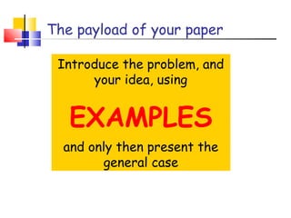 The payload of your paper
Introduce the problem, and
your idea, using
EXAMPLES
and only then present the
general case
 