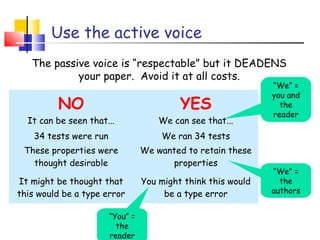 Use the active voice
NO YES
It can be seen that... We can see that...
34 tests were run We ran 34 tests
These properties were
thought desirable
We wanted to retain these
properties
It might be thought that
this would be a type error
You might think this would
be a type error
The passive voice is “respectable” but it DEADENS
your paper. Avoid it at all costs.
“We” =
you and
the
reader
“We” =
the
authors
“You” =
the
reader
 