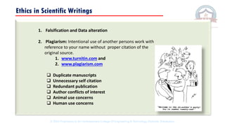 Ethics in Scientific Writings
1. Falsification and Data alteration
2. Plagiarism: Intentional use of another persons work with
reference to your name without proper citation of the
original source.
1. www.turnitin.com and
2. www.plagiarism.com
❑ Duplicate manuscripts
❑ Unnecessary self citation
❑ Redundant publication
❑ Author conflicts of interest
❑ Animal use concerns
❑ Human use concerns
© 2020 Proprietary to Sri Venkateswara College Of Engineering & Technology, Etcherla, Srikakulam.
 