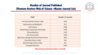 Field* Number of Journals
Arts & Humanities Citation Index 1632
Biochemistry and Biophysics 473
Life Sciences 1408
Engineering, Computing & Technology 1329
Clinical Medicine 1519
Arts & Humanities 1338
Agriculture, Biology & Environmental Sciences 1261
Chemistry Citation Index 545
Biotechnology Citation Index 321
Biological Abstracts 4479
http://science.thomsonreuters.com/mjl/
Number of Journal Published
(Thomson Reuters-Web of Science –Master Journal List)
© 2020 Proprietary to Sri Venkateswara College Of Engineering & Technology, Etcherla, Srikakulam.
 