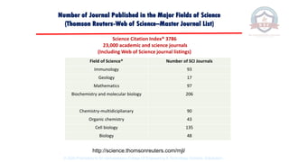 Science Citation Index® 3786
23,000 academic and science journals
(Including Web of Science journal listings)
http://science.thomsonreuters.com/mjl/
Field of Science* Number of SCI Journals
Immunology 93
Geology 17
Mathematics 97
Biochemistry and molecular biology 206
Chemistry-multidiciplianary 90
Organic chemistry 43
Cell biology 135
Biology 48
Number of Journal Published in the Major Fields of Science
(Thomson Reuters-Web of Science–Master Journal List)
© 2020 Proprietary to Sri Venkateswara College Of Engineering & Technology, Etcherla, Srikakulam.
 