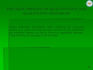 THE BASIC PROCESS OF QUANTITATIVE AND
        QUALITATIVE RESEARCH?


 Another preliminary consideration before designing and conducting
 research is to review and know the basic elements of both quantitative
 and qualitative research so that to choose an appropriate approach.
 These elements are discussed in the next table.
 