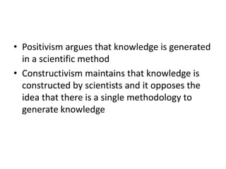 • Positivism argues that knowledge is generated
in a scientific method
• Constructivism maintains that knowledge is
constructed by scientists and it opposes the
idea that there is a single methodology to
generate knowledge
 