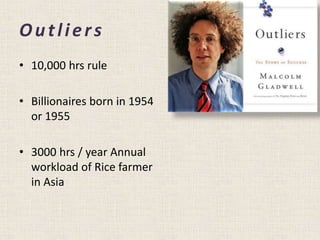 Outliers
• 10,000 hrs rule
• Billionaires born in 1954
or 1955
• 3000 hrs / year Annual
workload of Rice farmer
in Asia
 