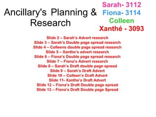 Ancillary's  Planning & Research Sarah- 3112 Fiona- 3114 Colleen Xanthé - 3093 Slide 2 – Sarah’s Advert research Slide 3 – Sarah’s Double page spread research Slide 4 – Colleens double page spread research Slide 5 – Xanthe’s advert research Slide 6 – Fiona’s Double page spread research Slide 7 – Fiona’s Advert research Slide 8 – Sarah’s Draft double page spread Slide 9 – Sarah’s Draft Advert Slide 10 – Colleen’s Draft Advert Slide 11- Xanthe’s Draft Advert Slide 12 – Fiona’s Draft Double page spread Slide 13 – Fiona’s Draft Double page Spread 