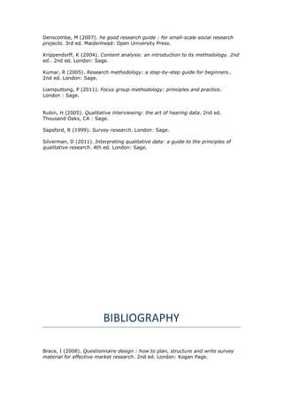 Denscombe, M (2007). he good research guide : for small-scale social research
projects. 3rd ed. Maidenhead: Open University Press.
Krippendorff, K (2004). Content analysis: an introduction to its methodology. 2nd
ed.. 2nd ed. London: Sage.
Kumar, R (2005). Research methodology: a step-by-step guide for beginners..
2nd ed. London: Sage.
Liamputtong, P (2011). Focus group methodology: principles and practice.
London : Sage.
Rubin, H (2005). Qualitative interviewing: the art of hearing data. 2nd ed.
Thousand Oaks, CA : Sage.
Sapsford, R (1999). Survey research. London: Sage.
Silverman, D (2011). Interpreting qualitative data: a guide to the principles of
qualitative research. 4th ed. London: Sage.
BIBLIOGRAPHY
Brace, I (2008). Questionnaire design : how to plan, structure and write survey
material for effective market research. 2nd ed. London: Kogan Page.
 