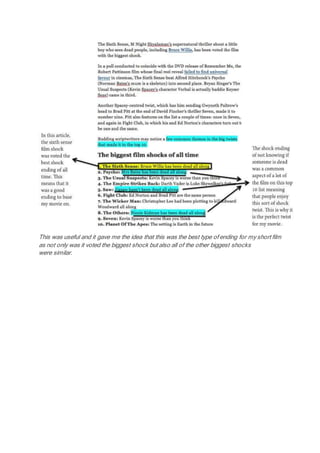 This was useful and it gave me the idea that this was the best type of ending for my short film
as not only was it voted the biggest shock but also all of the other biggest shocks
were similar.
 