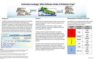 Emissions Leakage: Who Pollutes Under A Pollution Cap?
In 2006 the California Global Warming Solutions Act passed,
appointing the Air Resources Board as lead agency to
implement a reduction in GHG emissions back to 1990 levels
by 2020 – a 15% decrease. The Air Resources Board is doing
this by developing a cap and trade program for greenhouse
gases. Cap and trade poses the risk of emissions leakage: an
economy that will reduce domestic production in the area
regulated, then export goods back into the area (ARB 2012)
ARB distribution of allowances seen below:
How effective is the program when trade sensitive
firms are being given free allowances to lower
abatement and compliance costs?
Solutions:
-Border Tax: Tax imported energy so there is less incentive
to export production in order to avoid the pollution cap
(Parlar et al 2012).
**Commerce Clause “limits states’ ability to impose
burdens on interstate commerce” and Border taxes may
not be legal (Parlar et al 2012).
-Perhaps California ought to decrease consumption
(therefore emissions) from the bottom up (downstream
rather than upstream regulation) (Hackett 2011) . It seems
that leakage poses such a threat in California under AB32
because of the NIMBY attitude that seems prevalent in
California concerning issues such as as emissions and who
pollutes.
However, it seems that decreasing demand (downstream
regulation of consumption) is much more costly than
regulating the supply (upstream regulation of firms) at the
margin, so regulating emissions is generally done through
upstream regulation. (Hackett 2011)
Background:
Sources:
Air Resources Board. (2014). Assembly Bill 32 Overview. Accessed 16 Nov 2014. Retrieved
from California Environmental Protections Agency Air Resources Board Website:
http://www.arb.ca.gov/cc/ab32/ab32.htm
:
Hackett, S.C. (2011). Environmental and Natural Resource Economics: Theory, Policy and
the Sustainable Society. (4th ed). Armonk, N.Y., & London, England: M.E. Sharpe.
Parlar, E., & Babakitis, M., & Welton, S. (2012). Legal Issues in Regulating Imports in State
and Regional Cap and Trade Programs. Columbia Law School, Center for Climate Change
Law, p. 1-55.
Alexa Kandaris
 
