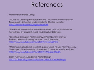 References
Presentation made using:

“Guide to Creating Research Posters” found on the University of
Texas Austin School of Undergraduate Studies website:
http://www.utexas.edu/ugs/our/poster
“The Poster Presentation in the Humanities and Social Sciences”
PowerPoint by Lisabeth Hock and Heather Dillaway.
“Creating Research Posters in PowerPoint by University of
Saskatchewan – Training Services” YouTube video,
http://www.youtube.com/watch?v=ny5nLSIPcPs
“Making an academic research poster using Power Point” by Jerry
Overmyer of the University of Northern Colorado, YouTube video,
http://www.youtube.com/watch?v=MqgjgwIXadA
Colin Purrington, Academic Poster Design
http://colinpurrington.com/tips/academic/posterdesign

 