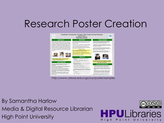 Research Poster Creation

http://www.utexas.edu/ugs/our/poster/samples

By Samantha Harlow
Media & Digital Resource Librarian
High Point University

 
