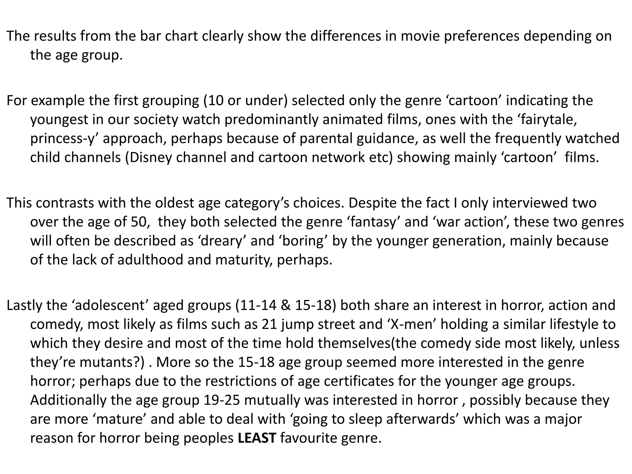 The results from the bar chart clearly show the differences in movie preferences depending on 
the age group. 
For example the first grouping (10 or under) selected only the genre ‘cartoon’ indicating the 
youngest in our society watch predominantly animated films, ones with the ‘fairytale, 
princess-y’ approach, perhaps because of parental guidance, as well the frequently watched 
child channels (Disney channel and cartoon network etc) showing mainly ‘cartoon’ films. 
This contrasts with the oldest age category’s choices. Despite the fact I only interviewed two 
over the age of 50, they both selected the genre ‘fantasy’ and ‘war action’, these two genres 
will often be described as ‘dreary’ and ‘boring’ by the younger generation, mainly because 
of the lack of adulthood and maturity, perhaps. 
Lastly the ‘adolescent’ aged groups (11-14 & 15-18) both share an interest in horror, action and 
comedy, most likely as films such as 21 jump street and ‘X-men’ holding a similar lifestyle to 
which they desire and most of the time hold themselves(the comedy side most likely, unless 
they’re mutants?) . More so the 15-18 age group seemed more interested in the genre 
horror; perhaps due to the restrictions of age certificates for the younger age groups. 
Additionally the age group 19-25 mutually was interested in horror , possibly because they 
are more ‘mature’ and able to deal with ‘going to sleep afterwards’ which was a major 
reason for horror being peoples LEAST favourite genre. 
 