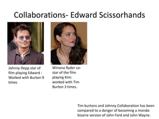 Collaborations- Edward Scissorhands
Winona Ryder co-
star of the film
playing Kim:
worked with Tim
Burton 3 times.
Johnny Depp star of
film playing Edward :
Worked with Burton 9
times
Tim burtons and Johnny Collaboration has been
compared to a danger of becoming a mondo
bizarre version of John Ford and John Wayne.
 