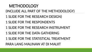 METHODOLOGY
(INCLUDE ALL PART OF THE METHODOLOGY)
1 SLIDE FOR THE RESEARCH DESIGN)
1 SLIDE FOR THE RESPONDENTS
1 SLIDE FOR THE RESEARCH INSTRUMENT
1 SLIDE FOR THE DATA GATHERING
1 SLIDE FOR THE STATISTICAL TREATMENT
PARA LANG MALINAW AT DI MALIIT
 