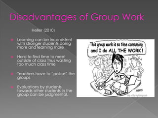 Disadvantages of Group WorkHeller (2010) Learning can be inconsistent with stronger students doing more and learning moreHard to find time to meet outside of class thus wasting too much class timeTeachers have to “police” the groups Evaluations by students towards other students in the group can be judgmental. 