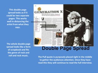 The whole double page
spread looks like a form
 of scrapbook and fits        Double Page Spread
 the genre of rock and
  roll and rock music.
                           The Pull quote is purposely placed right in the middle
                             to gather the audiences attention. Once they have
                           read this they will continue to read the full interview.
 