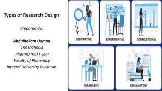 Types of Research Design
Prepared By:
Abdulhakam Usman
1801020004
PharmD (PB) I year
Faculty of Pharmacy
Integral University Lucknow
 