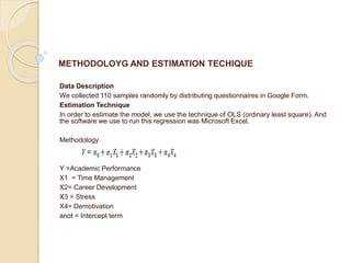 METHODOLOYG AND ESTIMATION TECHIQUE
Data Description
We collected 110 samples randomly by distributing questionnaires in Google Form.
Estimation Technique
In order to estimate the model, we use the technique of OLS (ordinary least square). And
the software we use to run this regression was Microsoft Excel.
Methodology
Y =Academic Performance
X1 = Time Management
X2= Career Development
X3 = Stress
X4= Demotivation
anot = Intercept term
 