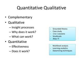 Quantitative Qualitative
• Complementary
• Qualitative
  – Insight processes   -   Grounded theory
  – Why does it work?   -
                        -
                            Case study
                            1 to 1 sessions
  – What can work?      -   Smallscale
                        -   Atlas-TI
• Quantitative
  – Effectiveness       - Multilevel analysis
                        - Learning analytics
  – Does it work?       - Datamining techniques
 