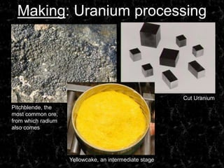 Making: Uranium processingCut UraniumPitchblende, the most common ore, from which radium also comesYellowcake, an intermediate stage