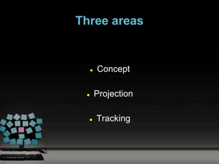 Three areas


        Concept

        Projection

        Tracking
 
