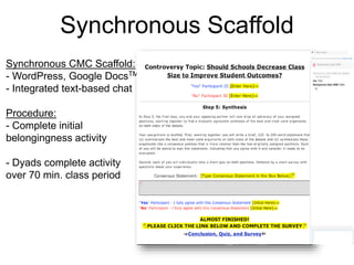 Synchronous Scaffold
Synchronous CMC Scaffold:
- WordPress, Google DocsTM
- Integrated text-based chat
Procedure:
- Comple...